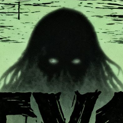 Cropped watcher figure: hooded black shape with two glowing eyes