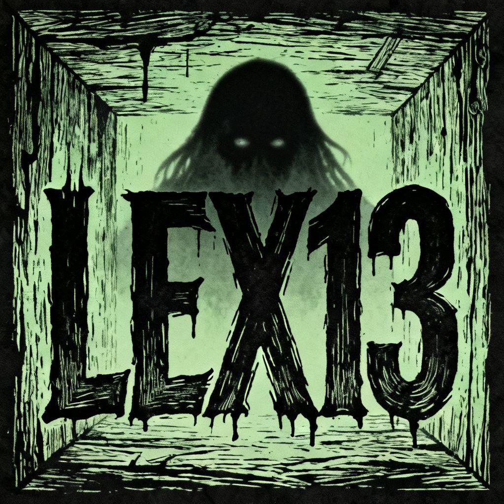 LEX13 master artwork: dripping LEX13 lettering in a sickly green woodcut room with a hooded figure behind