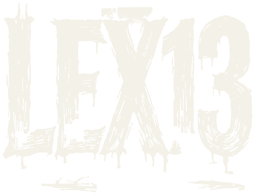 LEX13 wordmark knocked out in cream on near-black